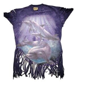 Fringed Dolphin Tshirt  Purple tee shirt, hippie, Med Custom Beads VTG USA